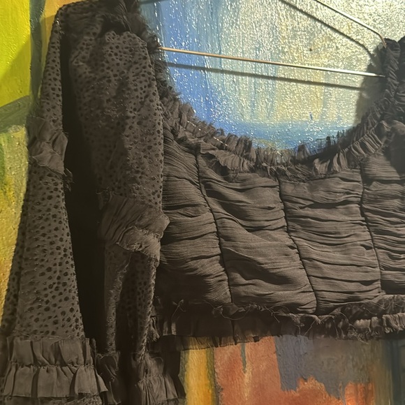 ASOS D E S I G N black chiffon crop balloon ruffle mixed print made in India 4 - Picture 7 of 13